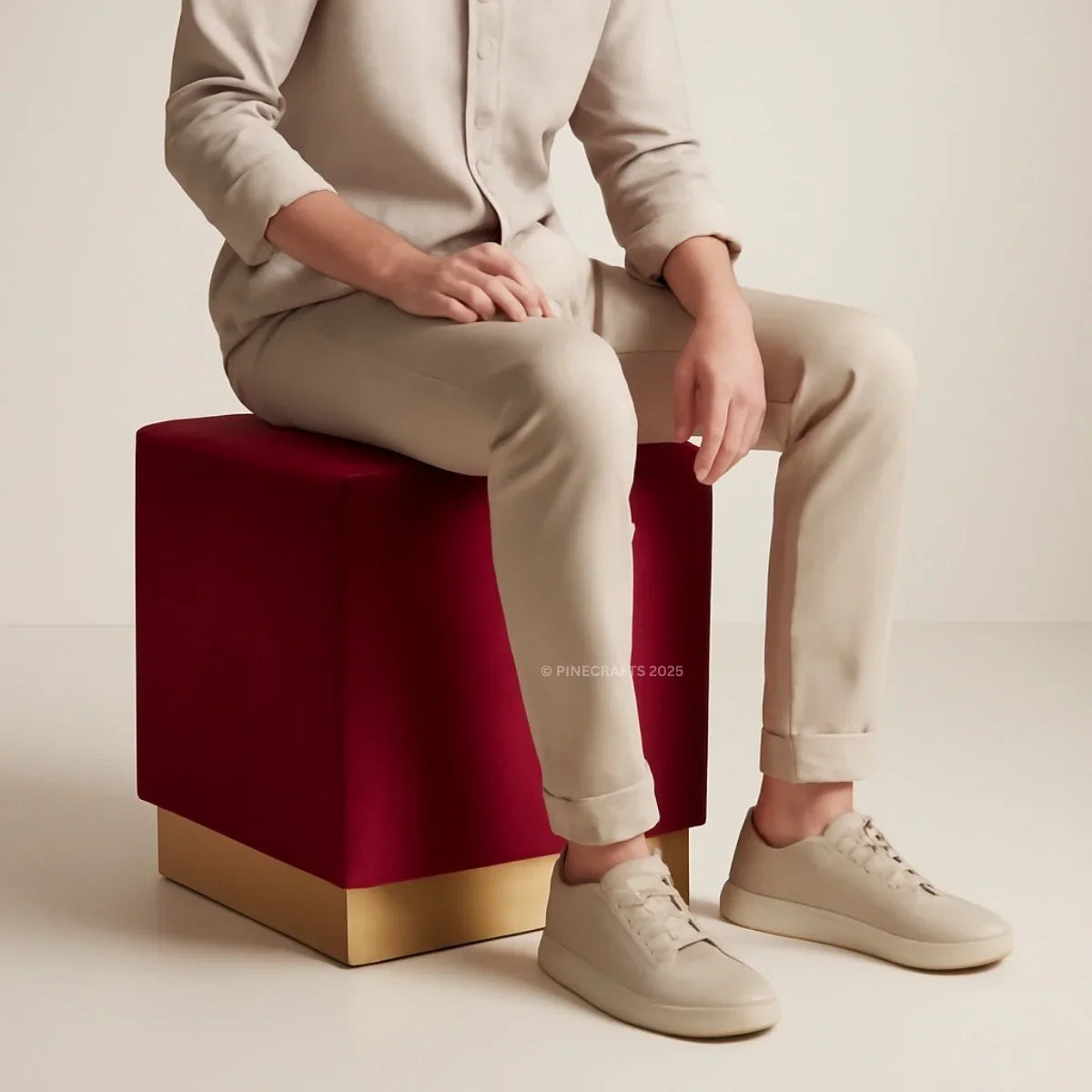 Person sitting on a red and gold cube with beige pants and shoes.